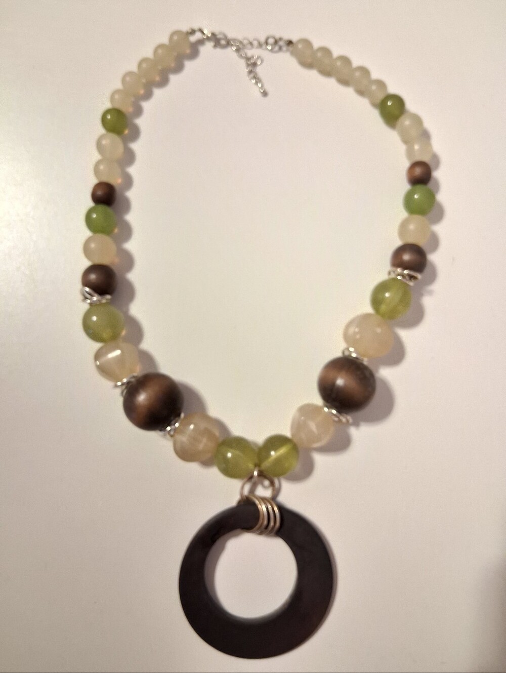Beaded Green and Brown Statement Necklace with Black Pendant
